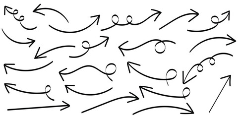 Hand drawn arrows icon set. Sketch curved arrows design. Arrow handmade. Thin arrows set for business plan.