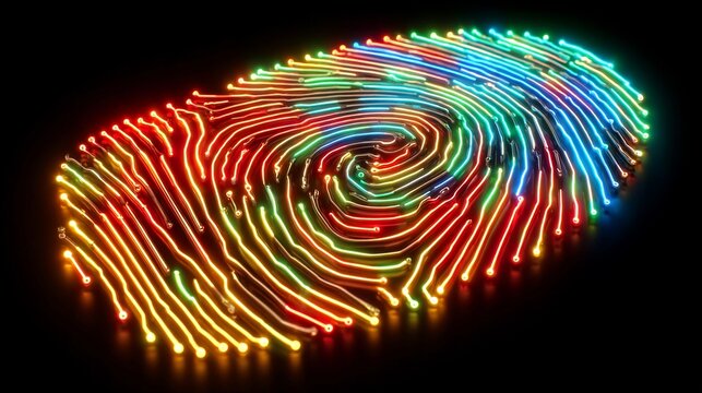 Vibrant, glowing neon fingerprint art symbolizes digital identity, security, and modern technology with intricate circuitry patterns in a dark, futuristic setting. - Powered by Adobe