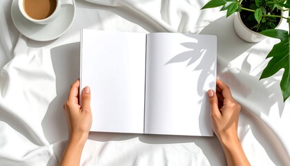 Hands holding an open blank notebook on a white textured surface with a coffee cup and a plant casting shadows
