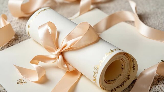 Elegant scroll with satin ribbon for wedding invitation, ready to send. Wedding invitation preparation displays graceful scroll, stationery, and flowing ribbon.