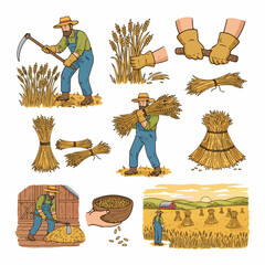 Harvesting wheat field with farmer and bundles
