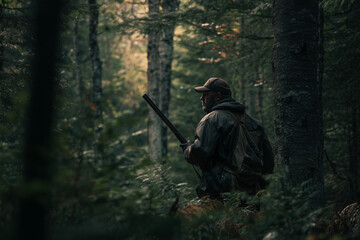 Fototapeta premium Hunter with Rifle Walking Through Dark and Moody Forest Woods