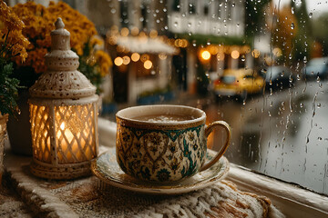 Cozy Autumn Afternoon with Tea and Lantern by a Rainy Window
