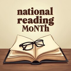 National Reading Month celebrated with open book, glasses on wooden table. Book lies open with reading glasses on top. Text reads national reading month in brown letters on beige background.