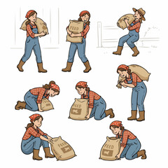Farmer woman carrying feed sacks in various poses