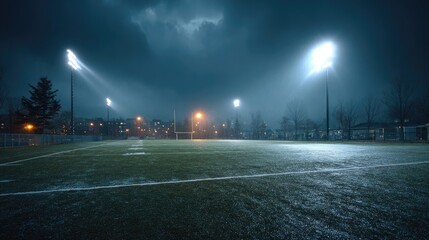 Empty football field under floodlights on rainy night