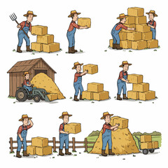 Farmers stacking hay bales in a rural countryside scene