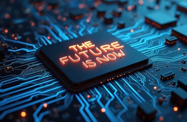 Close up view of circuit board with chip that says The Future is Now. Modern innovative technology background. Perfect asset for hi tech business solution presentation and for science articles.