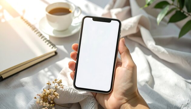 Hand holding a smartphone displaying a blank screen with a cup of coffee and notebook in the background