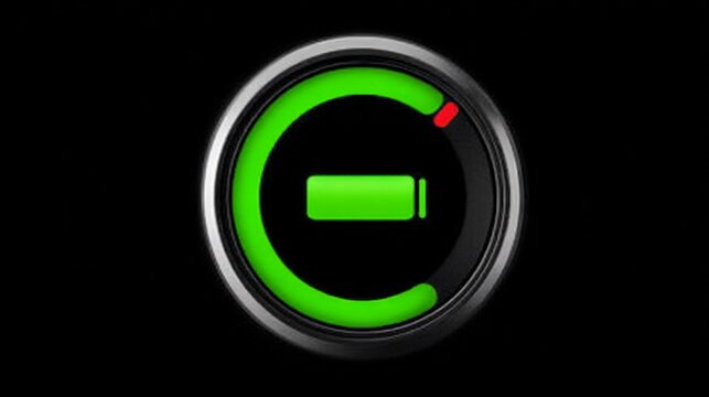 Sleek modern digital battery indicator glows with vibrant green energy, signaling power readiness and efficient technology in a dark, professional interface for innovation concepts - Powered by Adobe