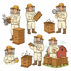 Beekeeper working with beehives and honey