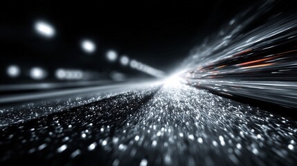 Dynamic abstract motion blur of light streaks and bokeh particles creating a sense of speed and digital data transfer in a futuristic tunnel setting