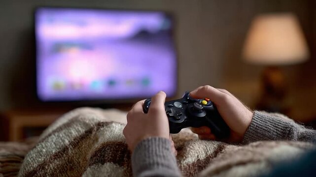 Immersed in Play: A Cozy Evening of Gaming, Controller in Hand and Adventure on Screen, Perfect for a Relaxing Night Indoors with Engaging Visuals