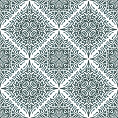 Seamless White and Teal Mandala Pattern with Ornamental Floral Design