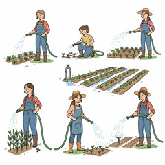Farmers watering plants in a garden plot
