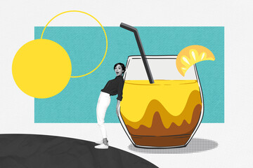 Art sketch 3d image full collage of happy girl stand big glass straw bar occasion celebration cocktail beverage relax weekend