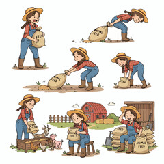 Farmer woman carrying feed sacks in a rural setting