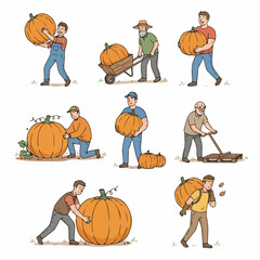Farmers harvesting large pumpkins in a field