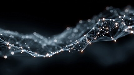 Dynamic abstract network structure with glowing nodes and connections, symbolizing data flow and digital connectivity in a futuristic dark background, perfect for technology and innovation concepts.