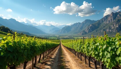 Naklejka premium Vineyard rows stretch to horizon with mountains under blue sky. Scenic view of farmland with vines and trees. Plants stretch toward distant hills in sunlight.