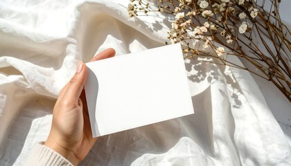 Flat lay of a hand holding a blank card on a white textured fabric with dried flowers nearby, perfect for an invitation or greeting