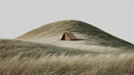 A gentle slope of a hill covered with tall natural golden grass. In the center of the frame, on top of the hill, there is a minimalist camping tent.