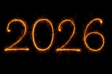Glowing 2026 Sparkler Light Writing on Black Background – New Year Celebration Concept.