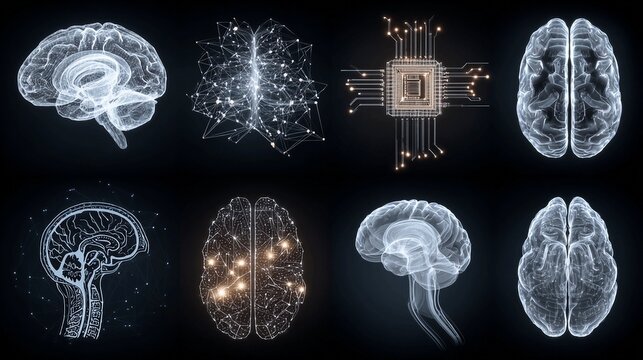 Capturing the intricate beauty of the human brain and advanced technology, showcasing neural networks, digital connections, and AI concepts with stunning clarity and depth for innovative projects.