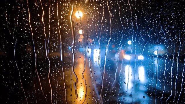 City Lights Through a Rain Streaked Car Window at Night.