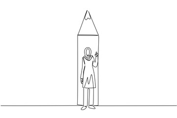 Continuous one line drawing Arab woman stands in front of bottom end of pencil with a gesture. Creating iconic and new ideas. National Creativity Day. Single line draw design vector illustration