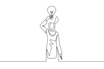 Single continuous line drawing Arab woman with head uncovered and lifts lightbulb above head. Brainstorming session. Unlimited creativity. National Creativity Day. One line design vector illustration