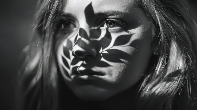 Womans portrait with leaf shadow play in dramatic black and white