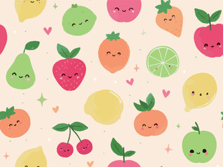 This playful illustration features various fruits with cute, smiling faces, set against a soft, light background. The design includes strawberries, lemons, and cherries.