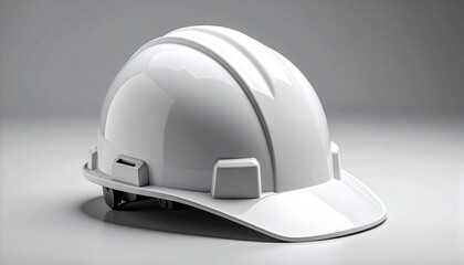 Fototapeta premium White construction hard hat on reflective surface with gray background, symbolizing safety, industrial work, and protective equipment.
