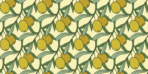 Olive branches with green fruits, seamless pattern. Solid background with olives. Print for packaging and design of extra virgin olive oil, vector graphics