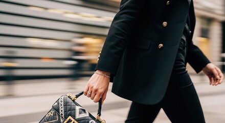 A person in a black suit walks down the street, holding a designer handbag.
