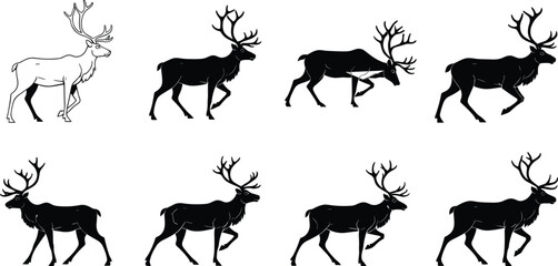Reindeer Silhouette Vector Set Showing Walking Cycle and Motion Sequence for Wildlife, Nature, Christmas, Animation, Anatomy and Animal Themes