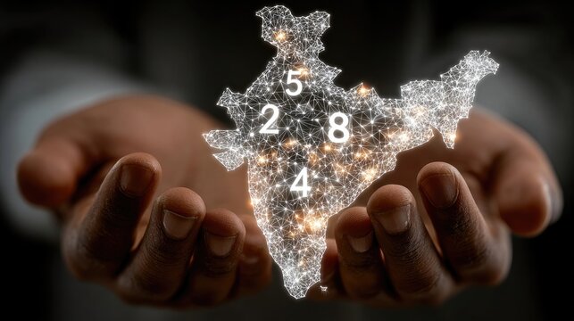 Futuristic glowing India map hologram in human hands