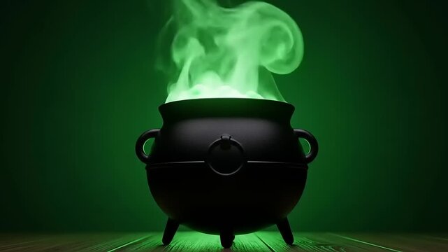 A black cauldron emits vibrant green smoke, set against a dark background, creating a mystical atmosphere