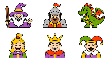 Fototapeta premium Vector art of cartoon characters a wizard, knight, dragon, princess, king, and jester, all smiling and ready for adventure