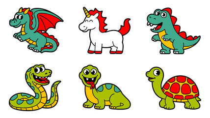 Fototapeta premium Vector art of cartoon animals dragon, unicorn, dinosaur, snake, turtle, and other cute creatures for childrens books and illustrations