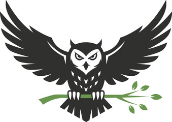 A stylized black owl with outstretched wings holding a green branch with leaves in its talons, isolated on a vector illustration