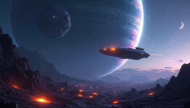 Futuristic spaceship flies low over dark, rocky alien planet surface. Giant ringed gas planet, two moons dominate vast night sky. Orange glowing spots dot desolate terrain. New tech, space