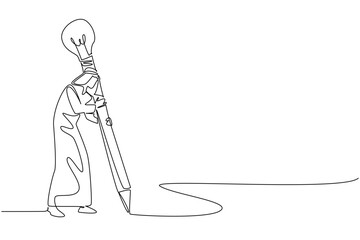 Single continuous line drawing Arab man writes using big pencil with lightbulb at the end. The best ideas neatly copied through writing. National Creativity Day. One line design vector illustration
