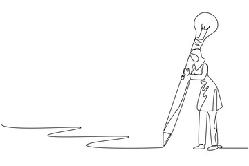 Single continuous line drawing Arab woman writes using a big pencil with a lightbulb at the end. Being creative through writing. Education. National Creativity Day. One line design vector illustration