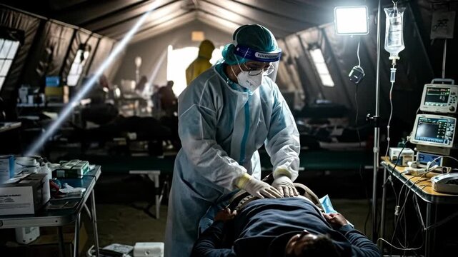 Female medical worker performing emergency care on a patient in a field hospital tent with other staff in background, crisis response footage.