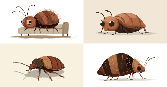Four cartoon-style bed bugs are shown in different poses and colors. Each bug has unique features and expressions, bringing a playful twist to a common pest.