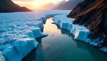 Aerial View of Melting Glacier Landscape Highlighting Climate Change Effects