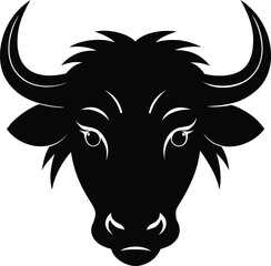 A bold black and white bull head vector illustration design for a logo or tattoo of a farm animal