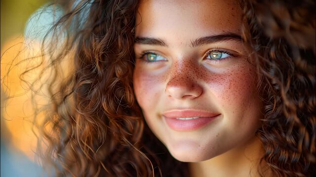 Close up portrait a green young woman with curly hair, captivating and confident freckles, eyes video 4k